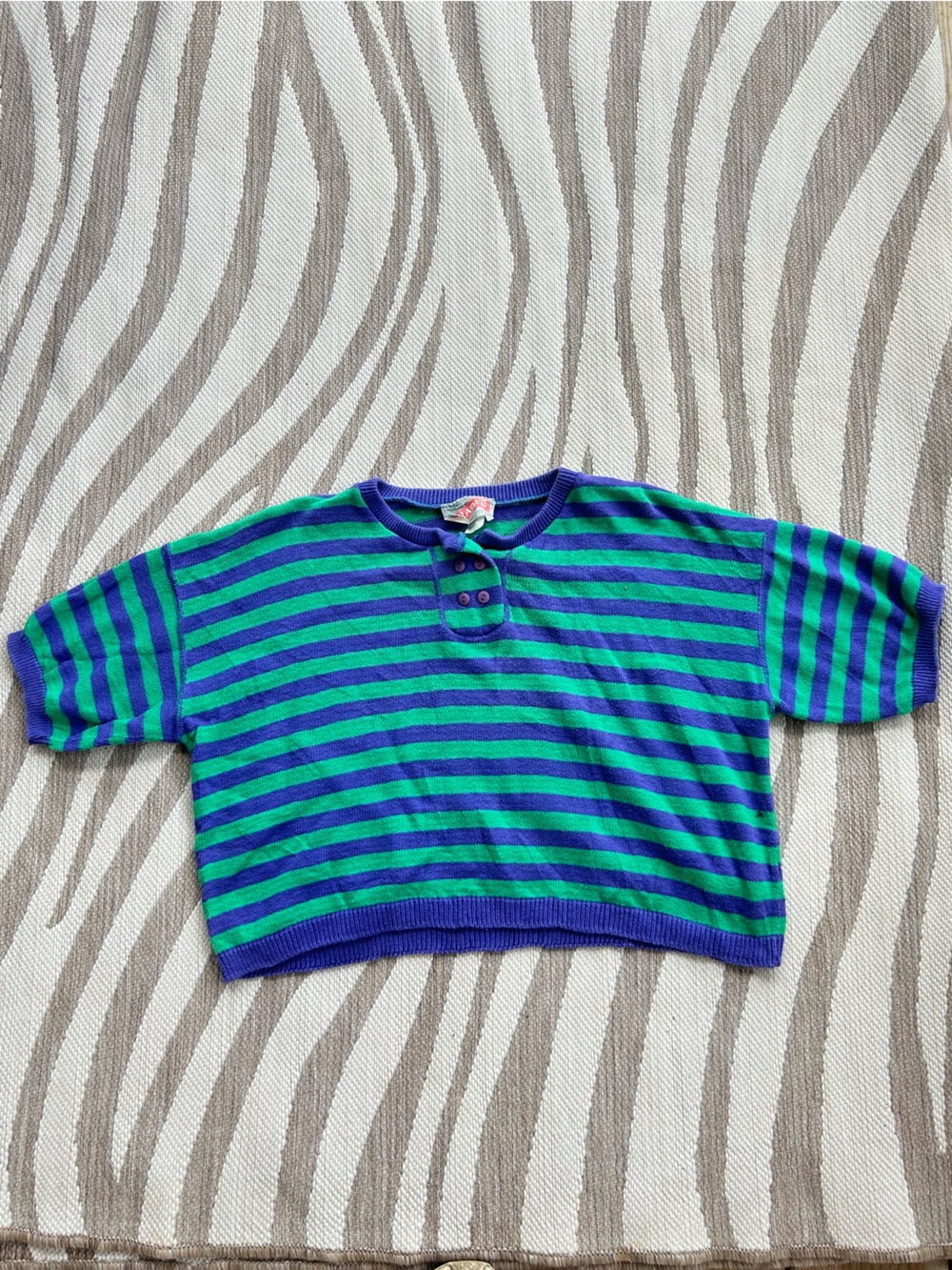 Vintage Paper tag Striped Green & Purple short sleeve sweater top 100% cotton